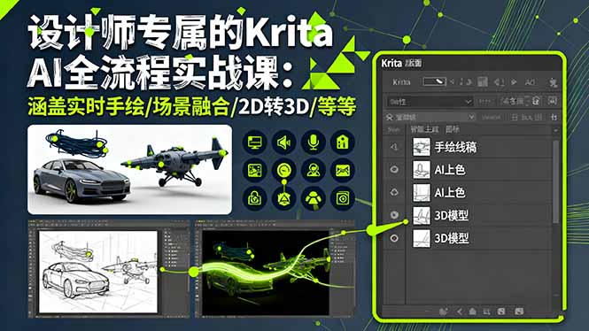 设计师专属的Krita AI全流程实战课：涵盖实时手绘/场景融合/2D转3D/等等-柚子网创