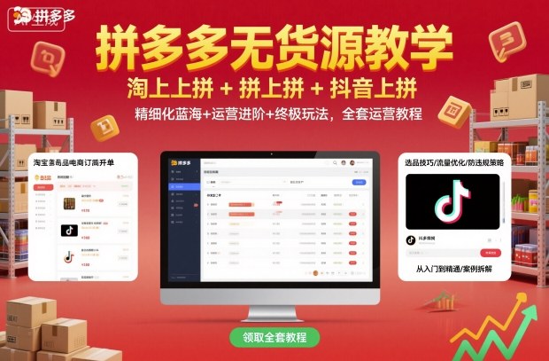 拼多多无货源教学，淘上拼+拼上拼+抖上拼，精细化蓝海+运营进阶+终极玩法，全套运营教程-柚子网创