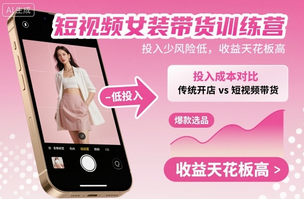 短视频女装带货训练营，投入少风险低，收益天花板高-柚子网创
