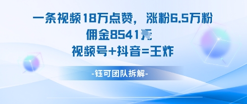 一条视频18W点赞，涨粉6.5W粉佣金8541米，视频号+抖音=王炸-柚子网创